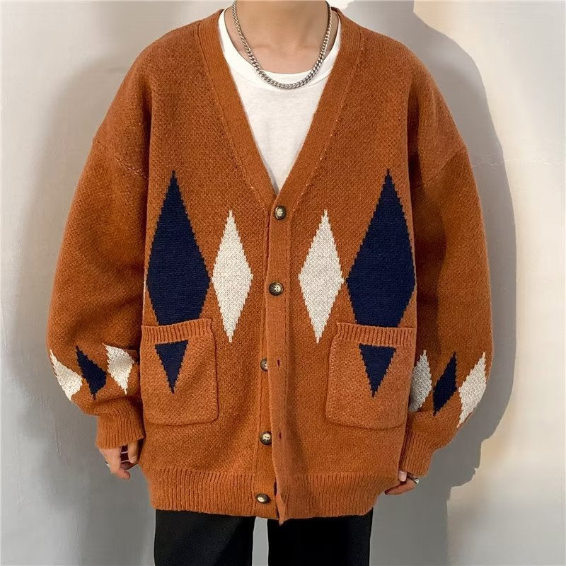 Retro Diamond Lattice Cardigan Sweater for Men