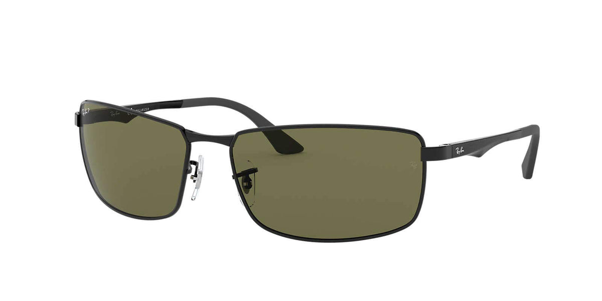 Ray-Ban Mens RB3498 Rectangular Sunglasses Black/Polarized Green 64 mm