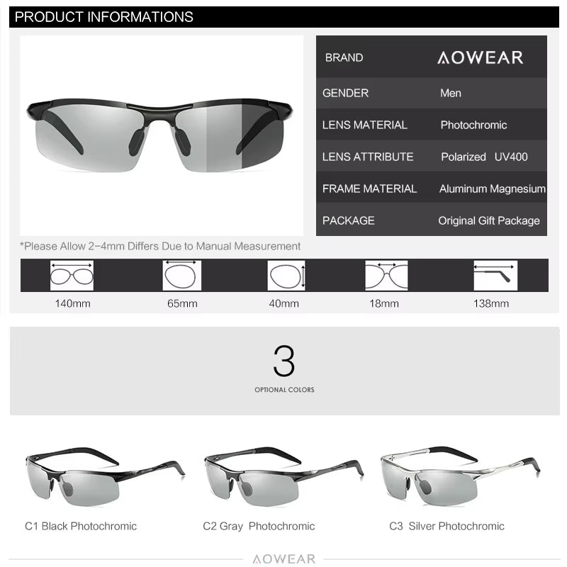 Aluminum Rimless Photochromic Sunglasses Men Polarized Day Night Driving Glasses Chameleon Discolor Lens Eyeglass Gafas