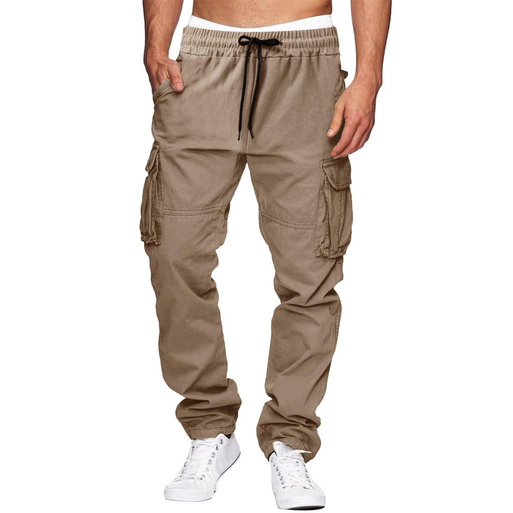 THWEI Cargo Pants for Men Casual Cotton Drawstring Lightweight Relaxed Fit Work Pants Multi Pockets Light Coffee S
