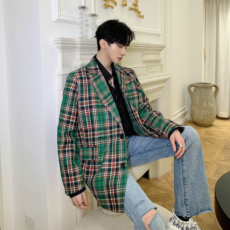 Stylish Vintage Green Plaid Casual Blazer for Men
