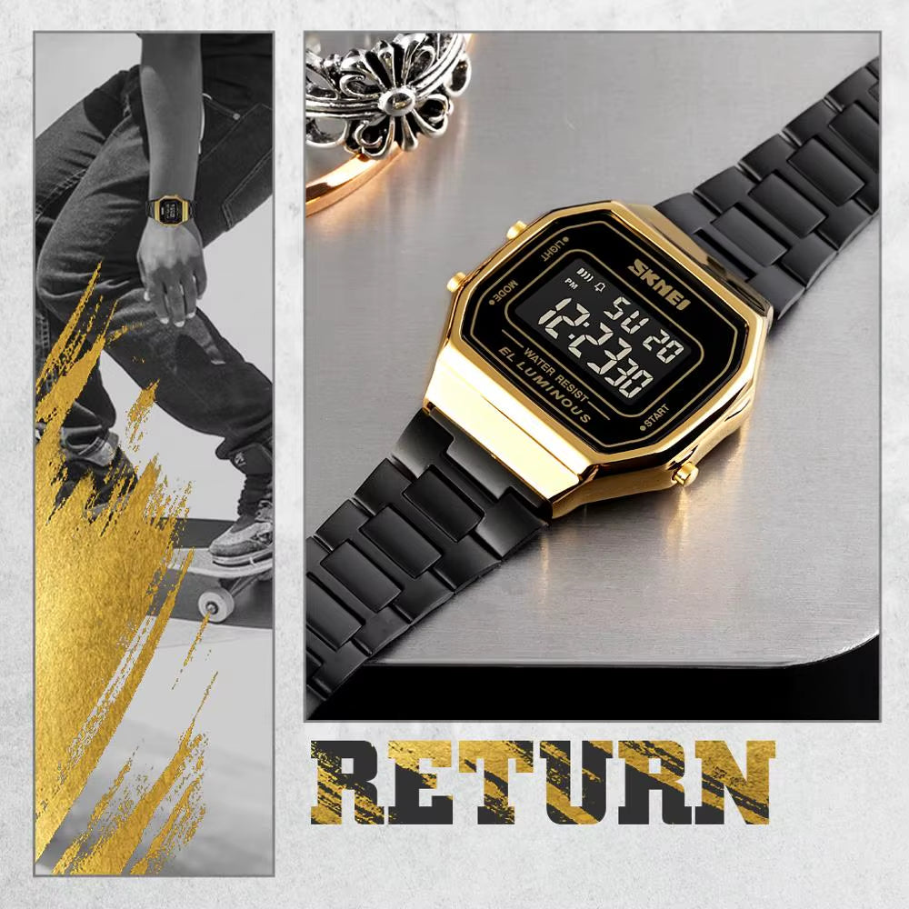 Retro LED Digital Male Watches Casual Simple Mens Wristwatches Stainless Steel Band Waterproof Watch Men Reloj Hombre 1647