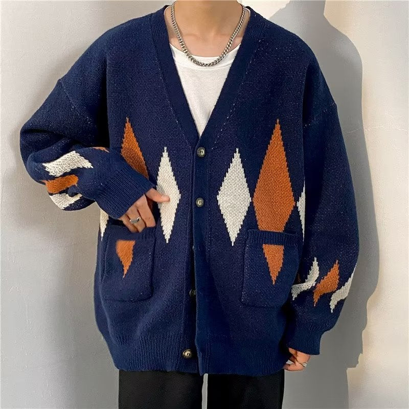 Retro Diamond Lattice Cardigan Sweater for Men