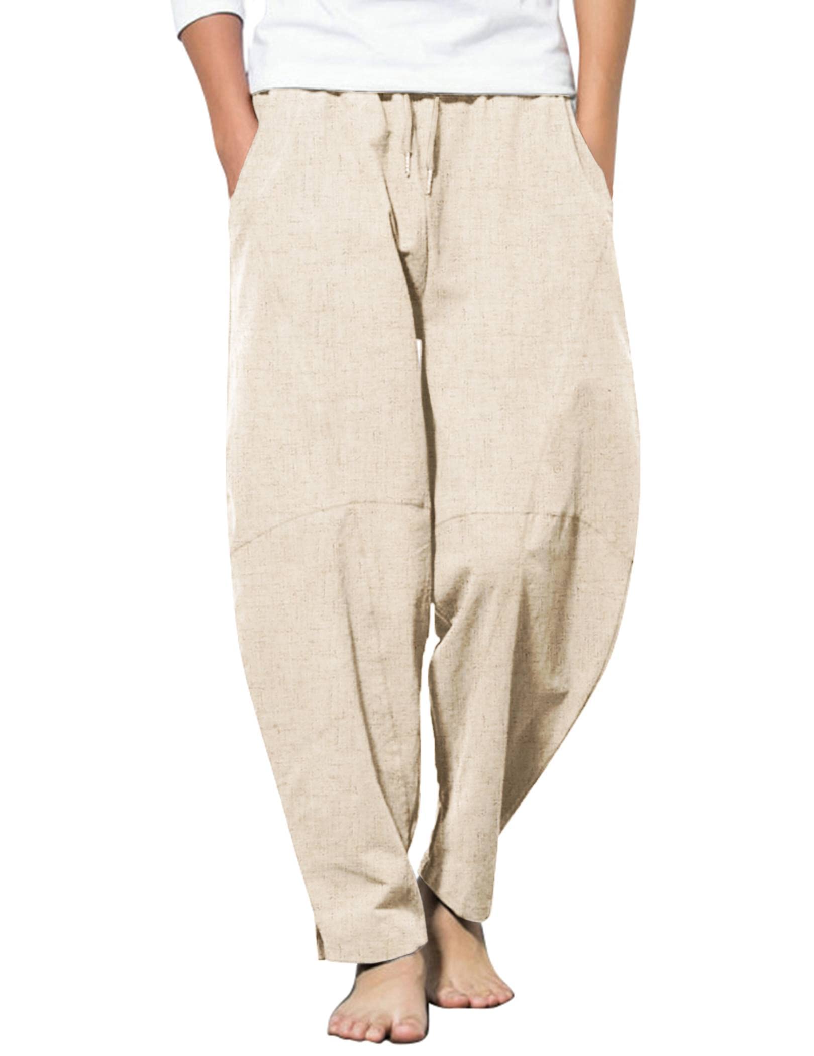 COOFANDY Men Casual Cotton Linen Loose Pant Elastic Waist Drawstring Harem Pants Khaki L