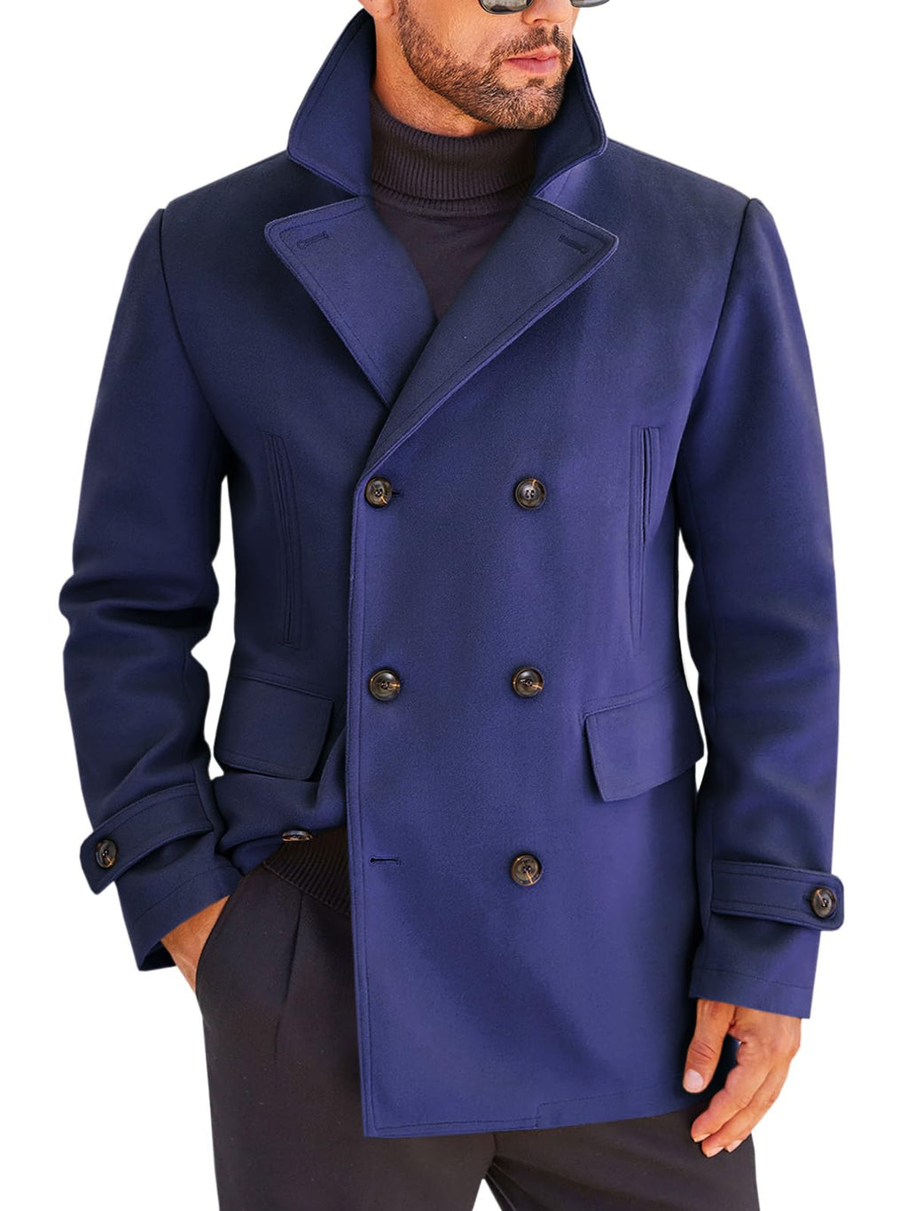 Runcati Mens Trench Coat Notch Lapel Double Breasted Casual Pea Coat Winter Warm Classic Overcoat