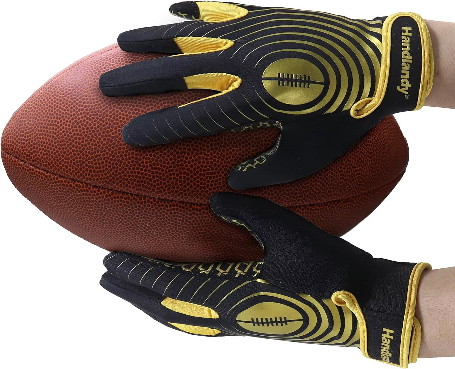Youth American Football Gloves, Sticky Wide Receiver Gloves for Kids, Black and Gold Stretch Fit Rugby Gloves