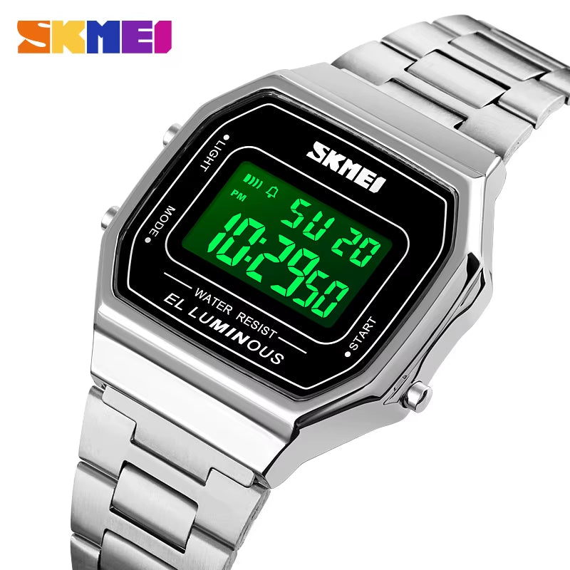 Retro LED Digital Male Watches Casual Simple Mens Wristwatches Stainless Steel Band Waterproof Watch Men Reloj Hombre 1647