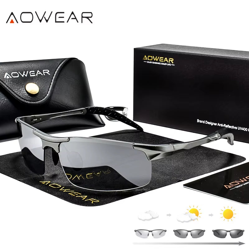 Aluminum Rimless Photochromic Sunglasses Men Polarized Day Night Driving Glasses Chameleon Discolor Lens Eyeglass Gafas