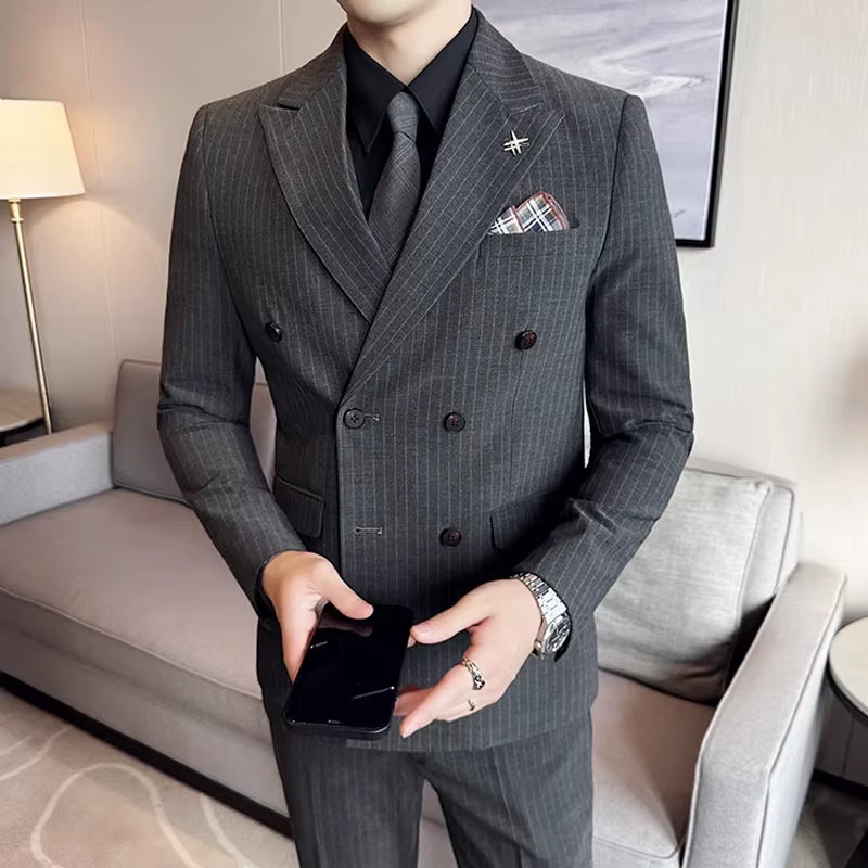 Jacket and Pants High-End Fashion Striped Men'S Formal Double-Breasted Business Suit Groom Wedding Dress Mens Suit 2 Piece Set