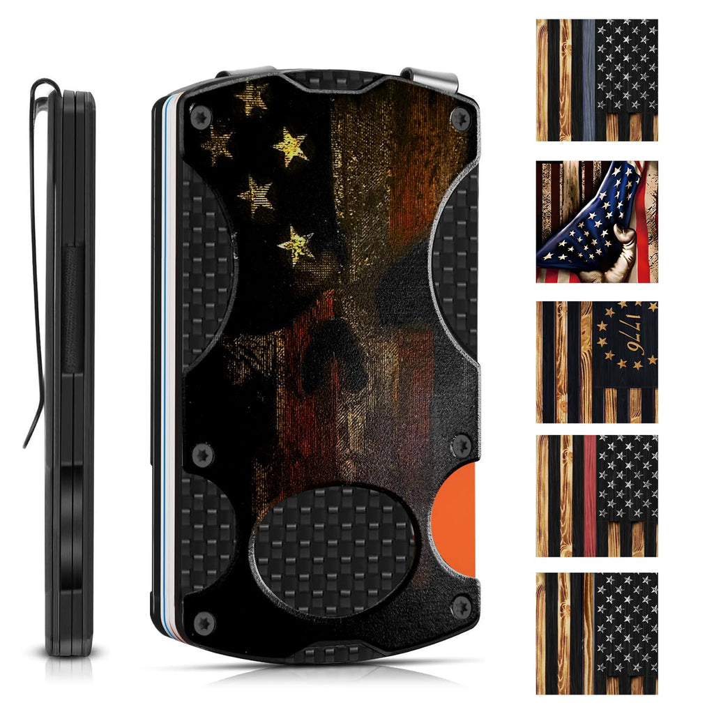 Tvndfhe Tactical Mens Wallet Minimalist Wallet with Money Clip and Credit Card Holder USA Skull Flag Aluminum Wallet RFID Blocking Card Holder Wallet Holds up 12 Cards and Cash Ideal Man Gift