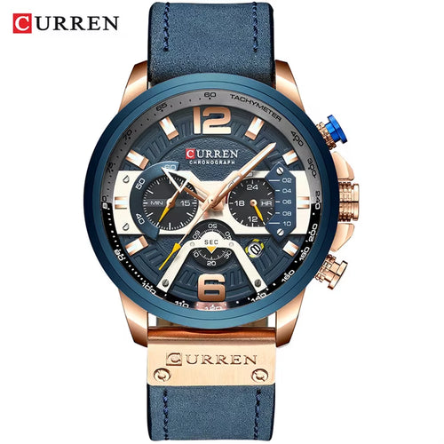 2021  Men Watches Top Brand Luxury Blue Leather Chronograph Sport Watch for Men Fashion Date Waterproof Clock Reloj Hombre