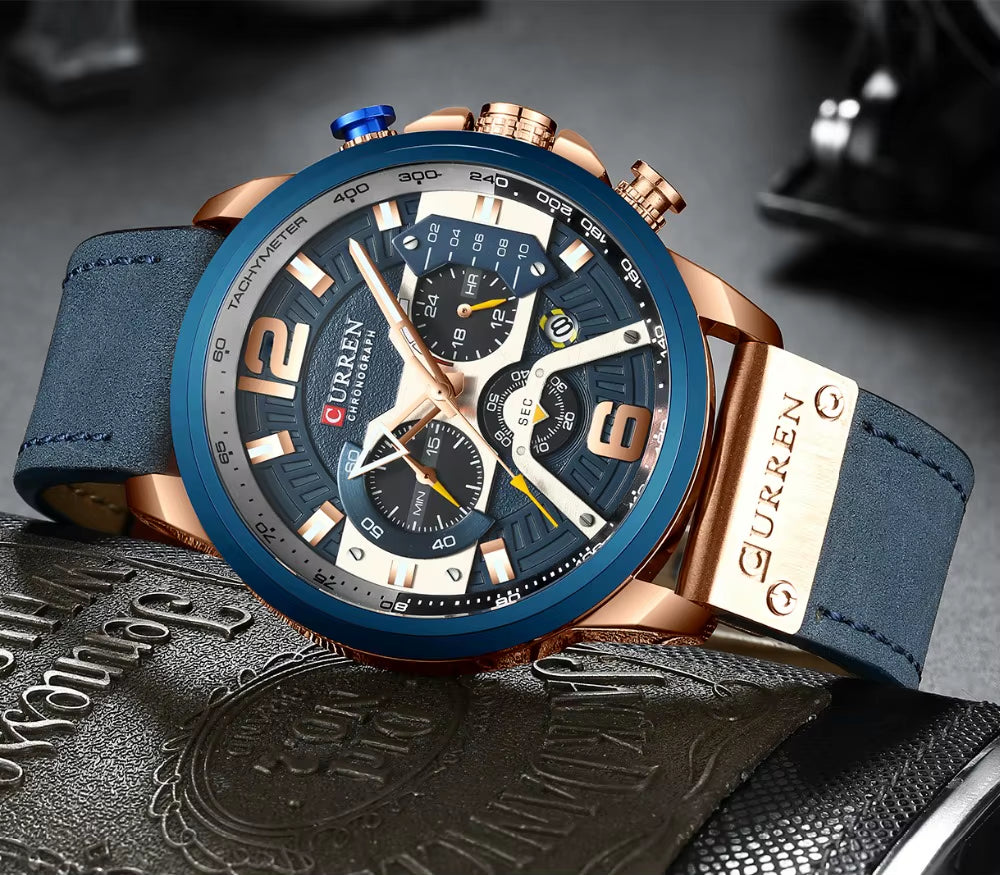 2021  Men Watches Top Brand Luxury Blue Leather Chronograph Sport Watch for Men Fashion Date Waterproof Clock Reloj Hombre