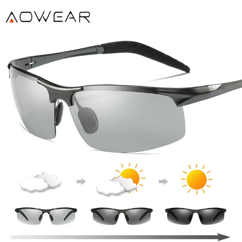 Aluminum Rimless Photochromic Sunglasses Men Polarized Day Night Driving Glasses Chameleon Discolor Lens Eyeglass Gafas
