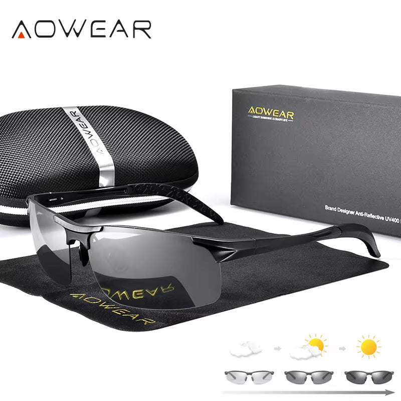 Aluminum Rimless Photochromic Sunglasses Men Polarized Day Night Driving Glasses Chameleon Discolor Lens Eyeglass Gafas