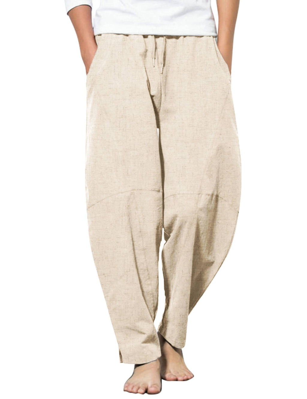 COOFANDY Men Casual Cotton Linen Loose Pant Elastic Waist Drawstring Harem Pants Khaki L