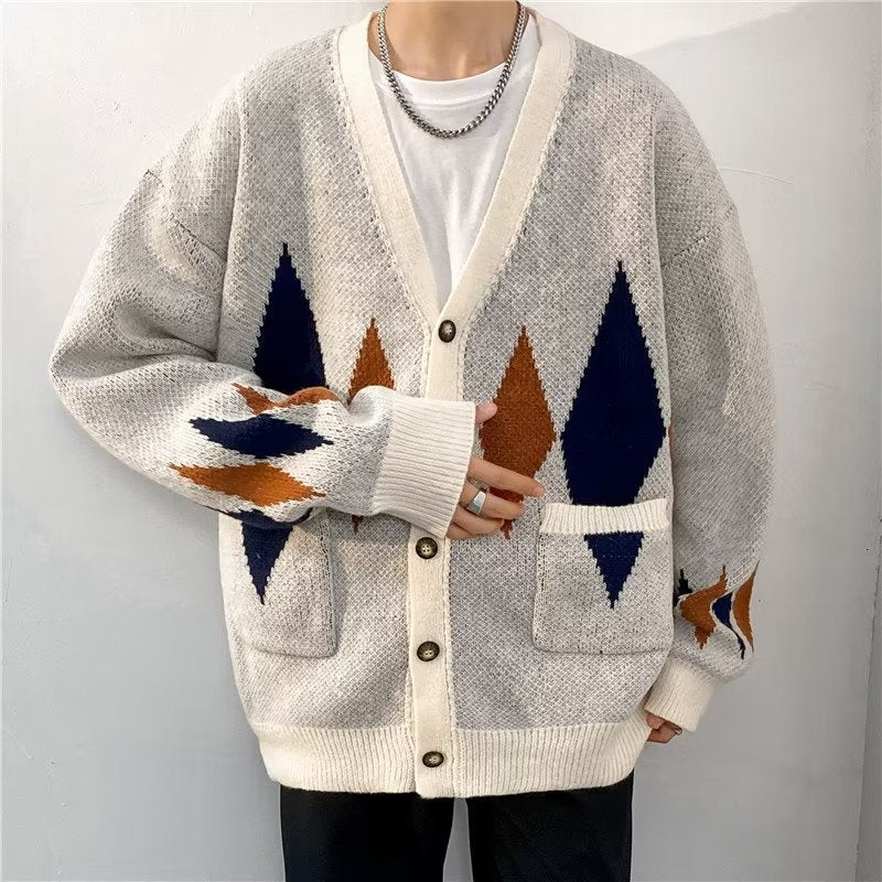 Retro Diamond Lattice Cardigan Sweater for Men