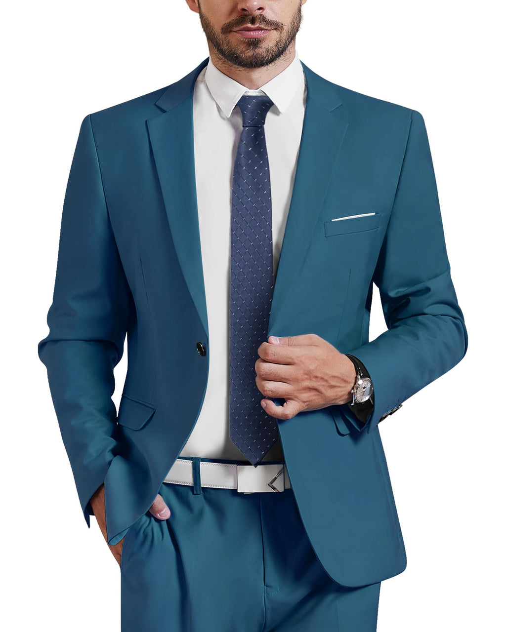 MYS Mens One Button Jacket Blazer Slim Fit Suit Casual Lightweight Sport Coat Light Blue