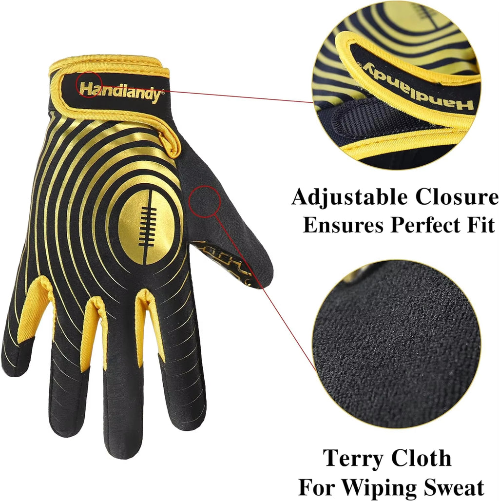 Youth American Football Gloves, Sticky Wide Receiver Gloves for Kids, Black and Gold Stretch Fit Rugby Gloves