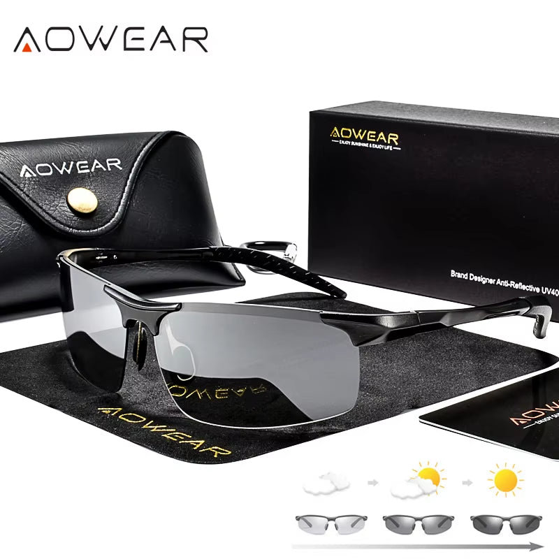 Aluminum Rimless Photochromic Sunglasses Men Polarized Day Night Driving Glasses Chameleon Discolor Lens Eyeglass Gafas