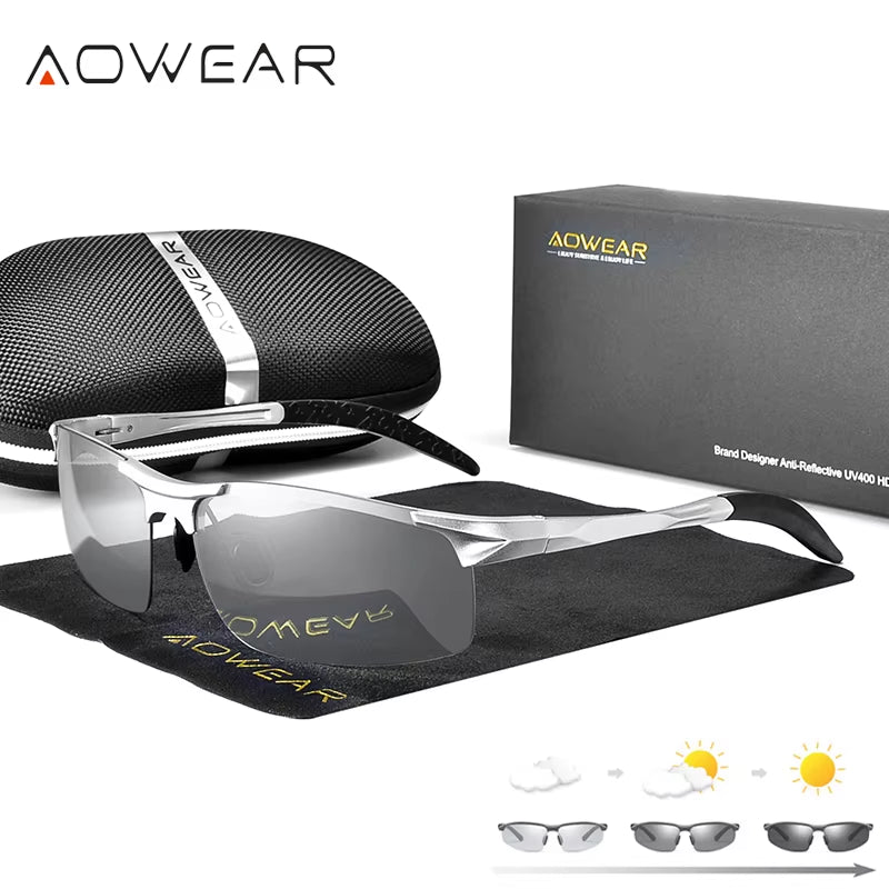 Aluminum Rimless Photochromic Sunglasses Men Polarized Day Night Driving Glasses Chameleon Discolor Lens Eyeglass Gafas