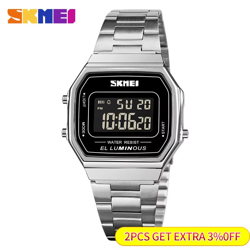 Retro LED Digital Male Watches Casual Simple Mens Wristwatches Stainless Steel Band Waterproof Watch Men Reloj Hombre 1647