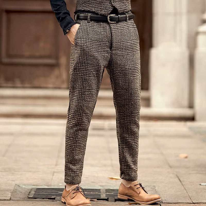Classic Fit Mens Suit Pants Wool Tweed Coffee Slim Fit Pants Casual Trousers Groomman for Wedding Party