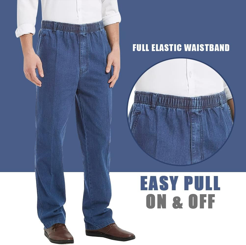 Mens Elastic Waist Jeans Casual Loose Fit Pull on Jeans Denim Pants