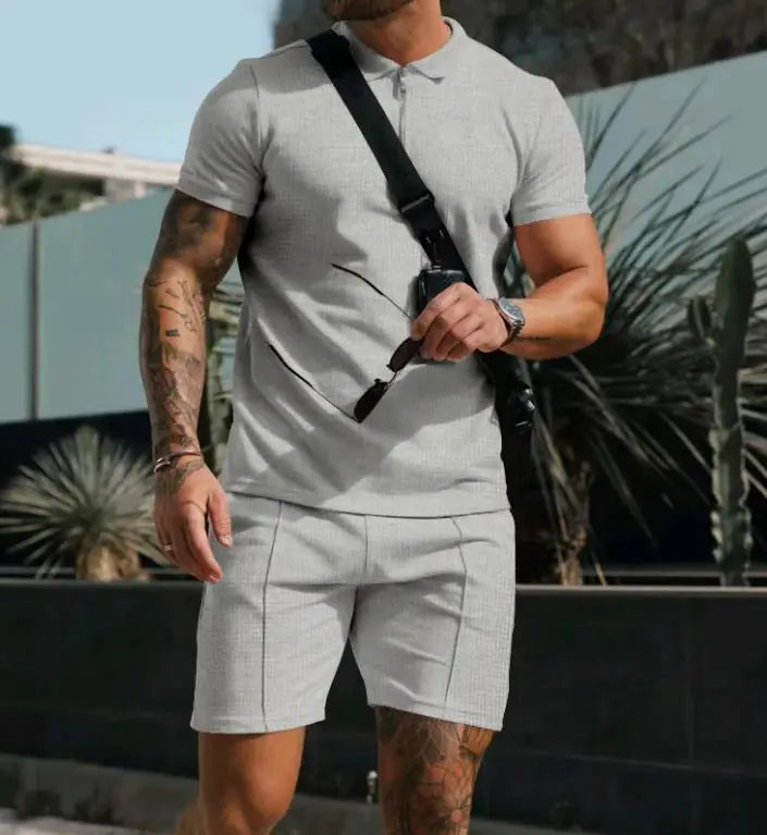Men's Short Sleeve Shorts Casual Suit Summer Waffle Solid Color Casual Loose Lapels T-shirt Suit Men