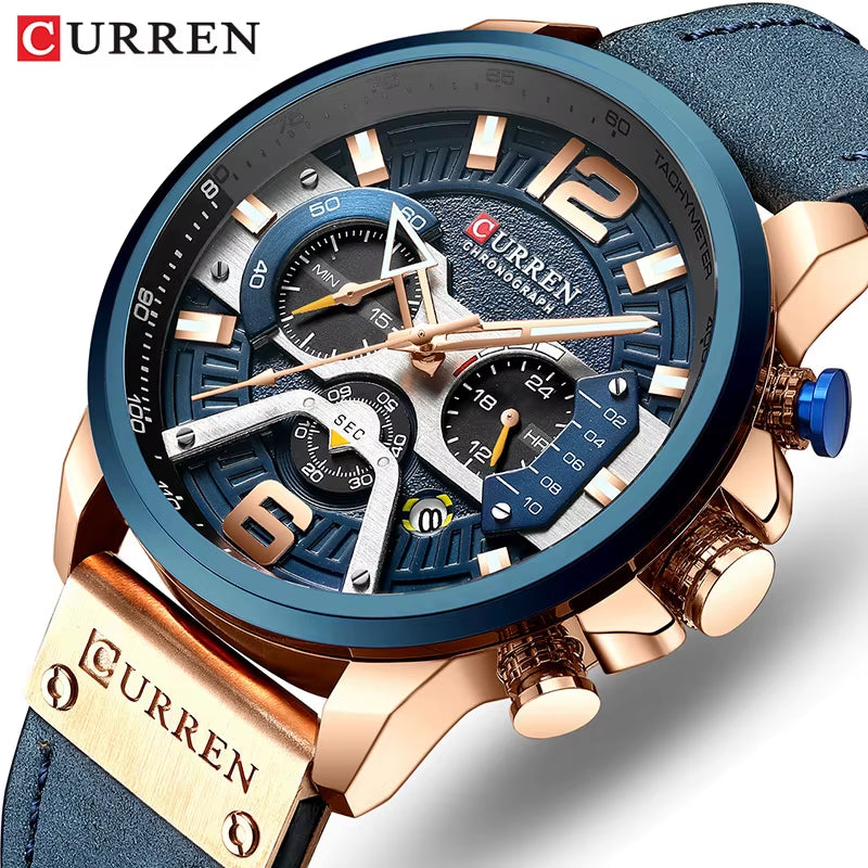 2021  Men Watches Top Brand Luxury Blue Leather Chronograph Sport Watch for Men Fashion Date Waterproof Clock Reloj Hombre