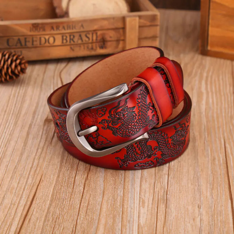 Embossed Leather Belt with Dragon Design for Men
