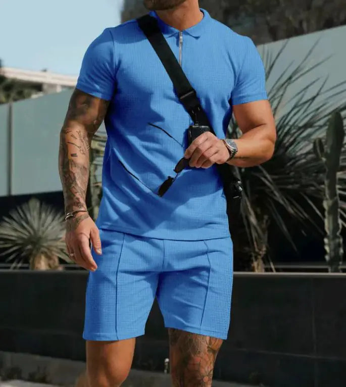 Men's Short Sleeve Shorts Casual Suit Summer Waffle Solid Color Casual Loose Lapels T-shirt Suit Men