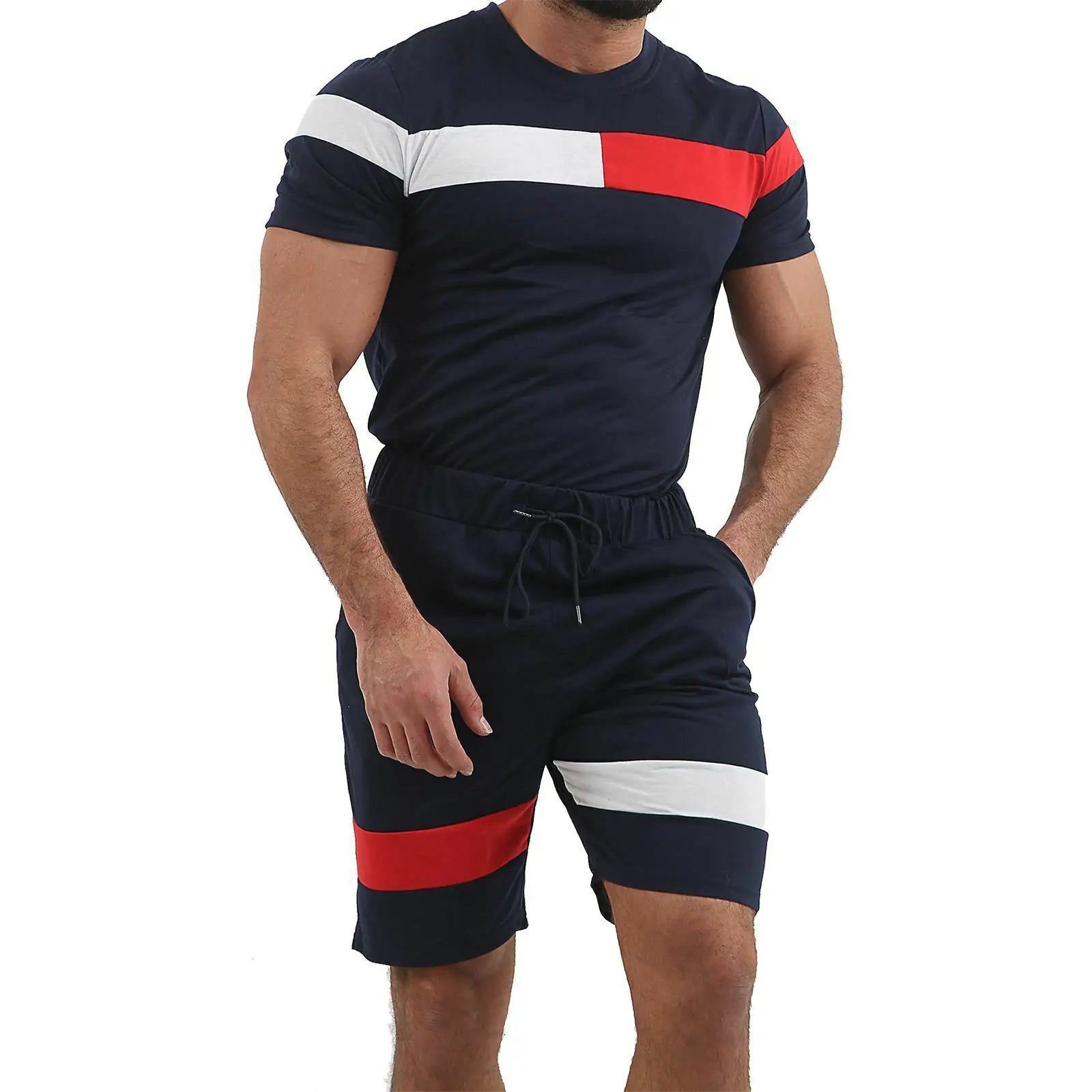 Men's Summer Short Sleeve Color Block Workout Set