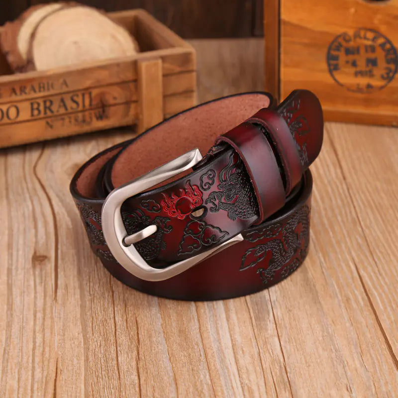 Embossed Leather Belt with Dragon Design for Men
