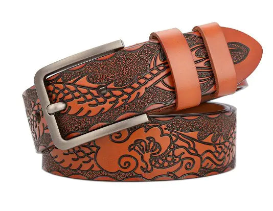 Embossed Leather Belt with Dragon Design for Men