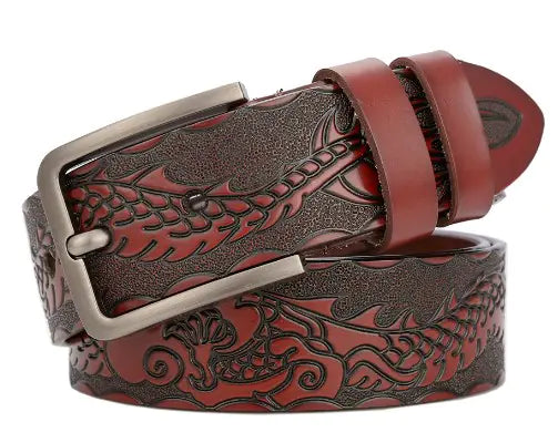 Embossed Leather Belt with Dragon Design for Men