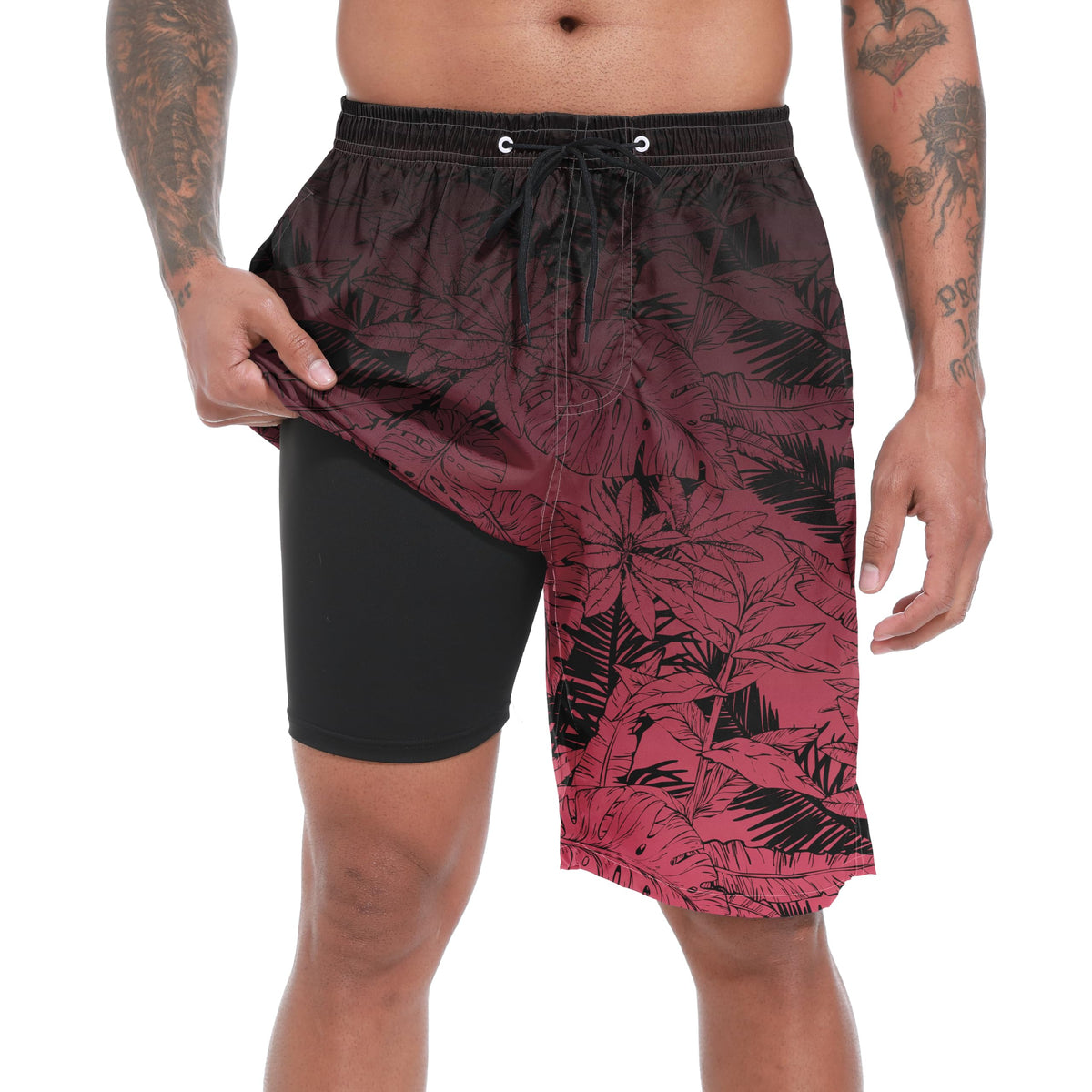 Mens Swim Trunks with Compression Liner Gradient Maroon Leaf Mens Bathing Suit Mens Swimming Trunks 9 Inch Inseam Mens Board Shorts Swimwear 4 Way Stretch Beach Shorts Quick Dry Swimsuits XL