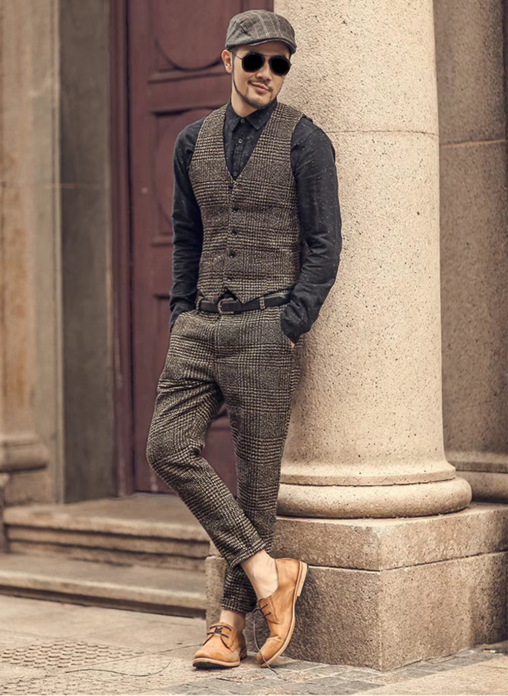 Classic Fit Mens Suit Pants Wool Tweed Coffee Slim Fit Pants Casual Trousers Groomman for Wedding Party