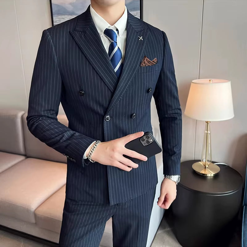 Jacket and Pants High-End Fashion Striped Men'S Formal Double-Breasted Business Suit Groom Wedding Dress Mens Suit 2 Piece Set