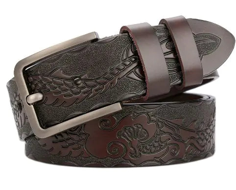 Embossed Leather Belt with Dragon Design for Men