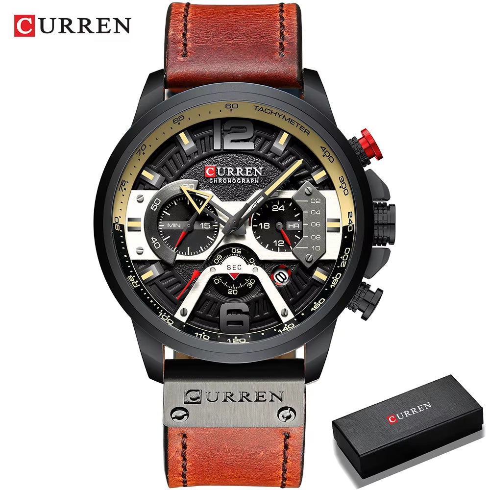 2021  Men Watches Top Brand Luxury Blue Leather Chronograph Sport Watch for Men Fashion Date Waterproof Clock Reloj Hombre