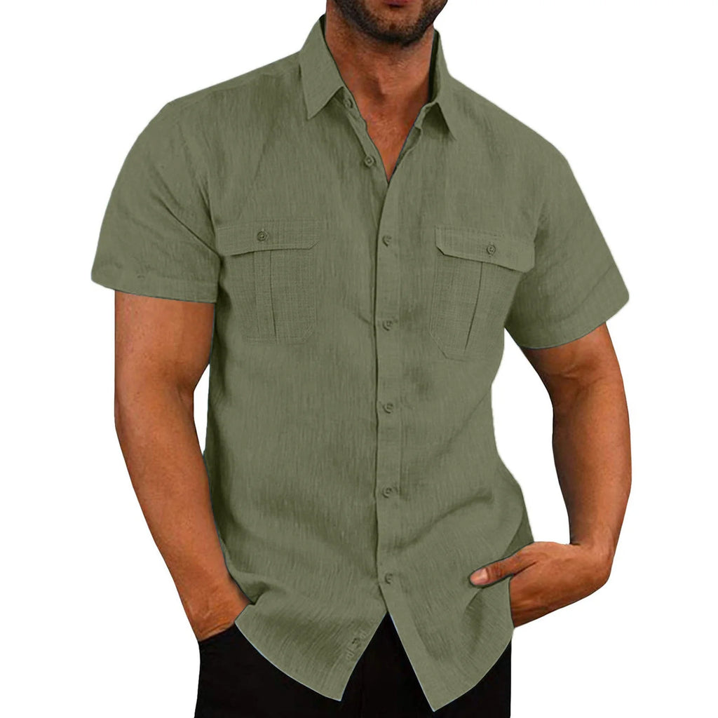 Mens Shirts Men'S Trendy Vacation Plain Color Cotton Linen Double Pocket Casual Shirts Short Sleeves Mens T-Shirts T Shirts for Men Fashion Tank Tops Men Army Green,3Xl
