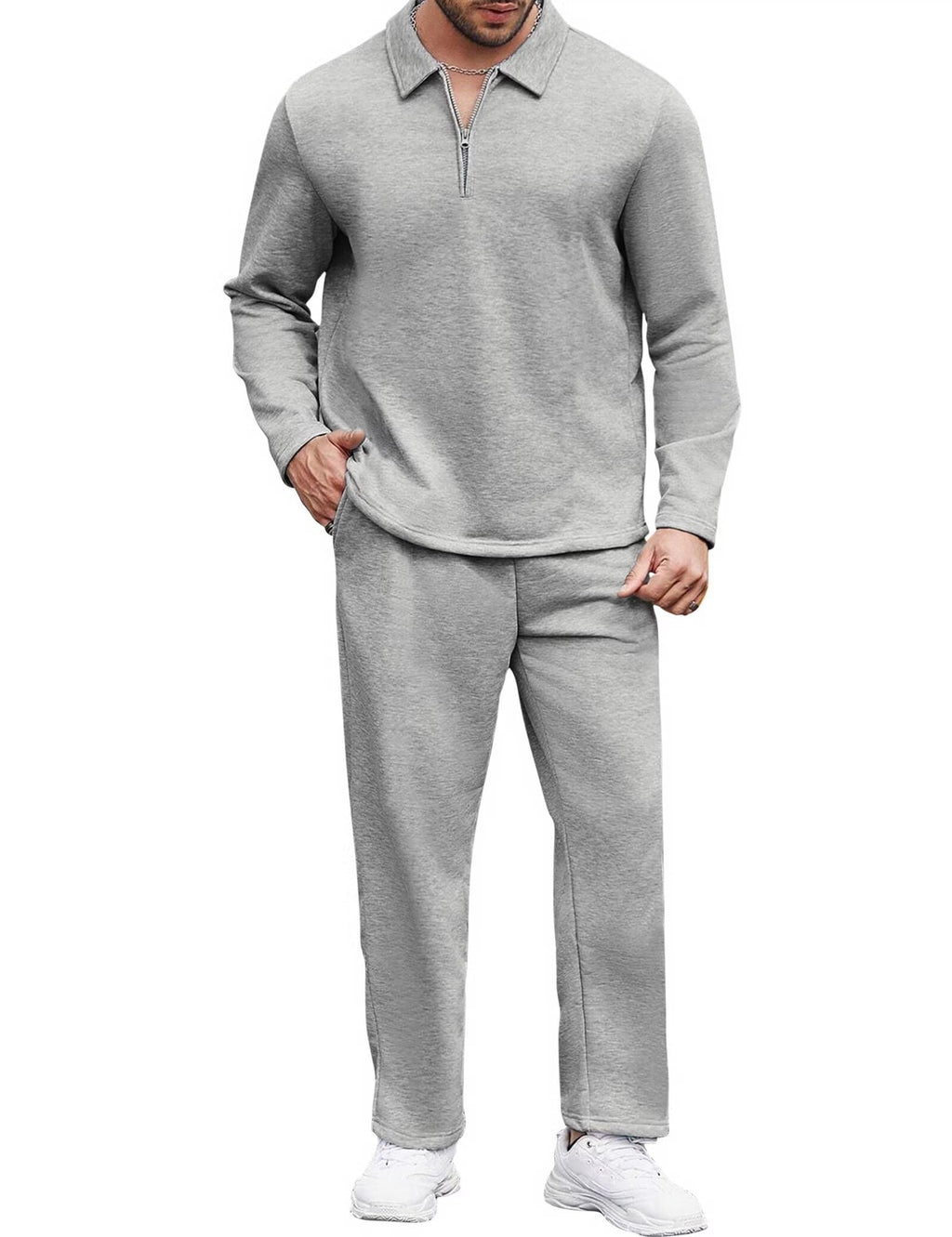 Uni Clau Mens Tracksuits 2 Piece Outfit Quarter Zip Casual Sweatsuit Sets Athletic Jogging Suits Sport Grey XL