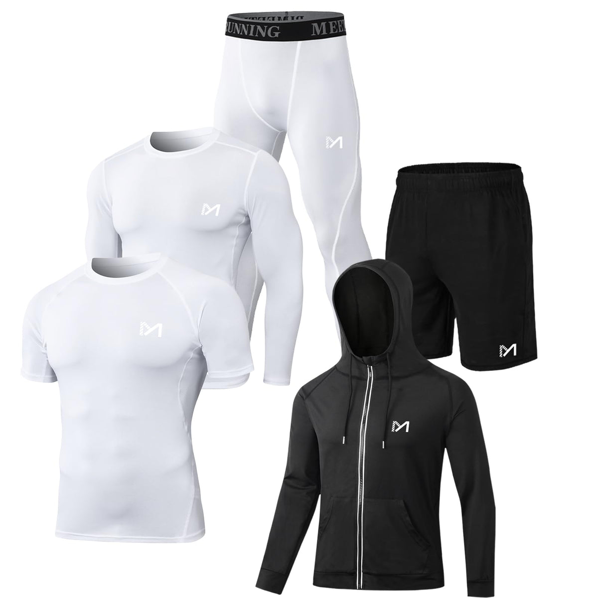 MEETYOO mens 5pcs Mens Compression Sets Pants Long Sleeve Shirt Athletic Shorts Running Jacket