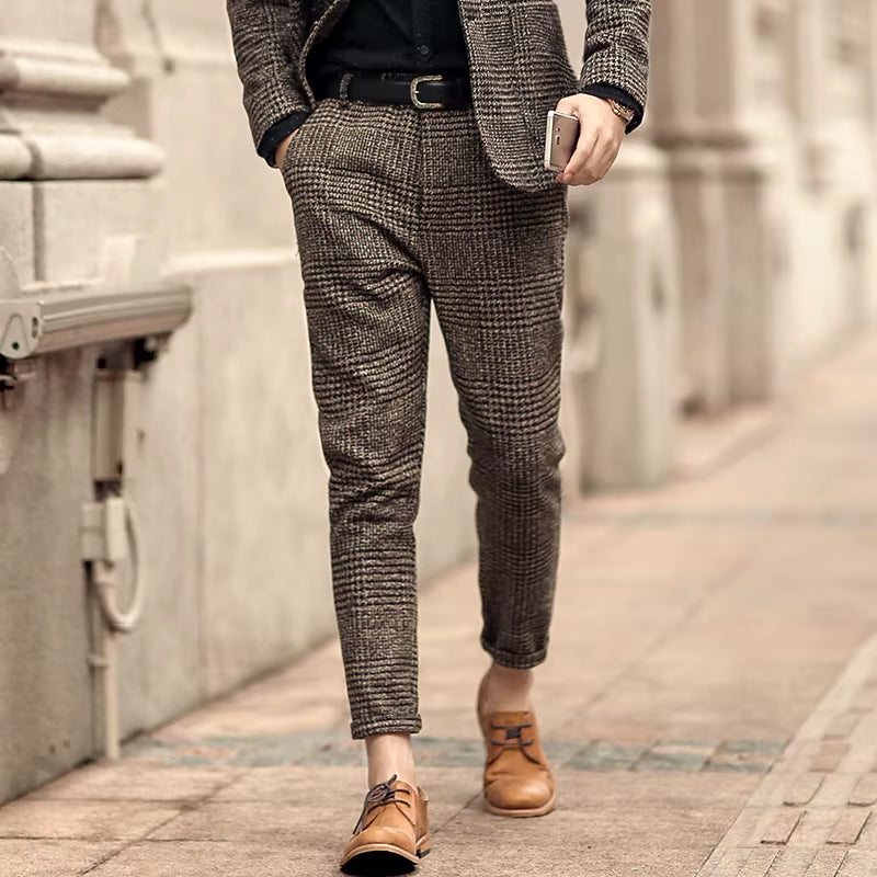 Classic Fit Mens Suit Pants Wool Tweed Coffee Slim Fit Pants Casual Trousers Groomman for Wedding Party