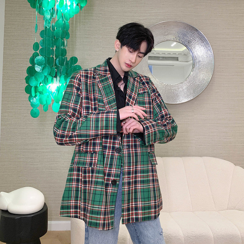 Stylish Vintage Green Plaid Casual Blazer for Men