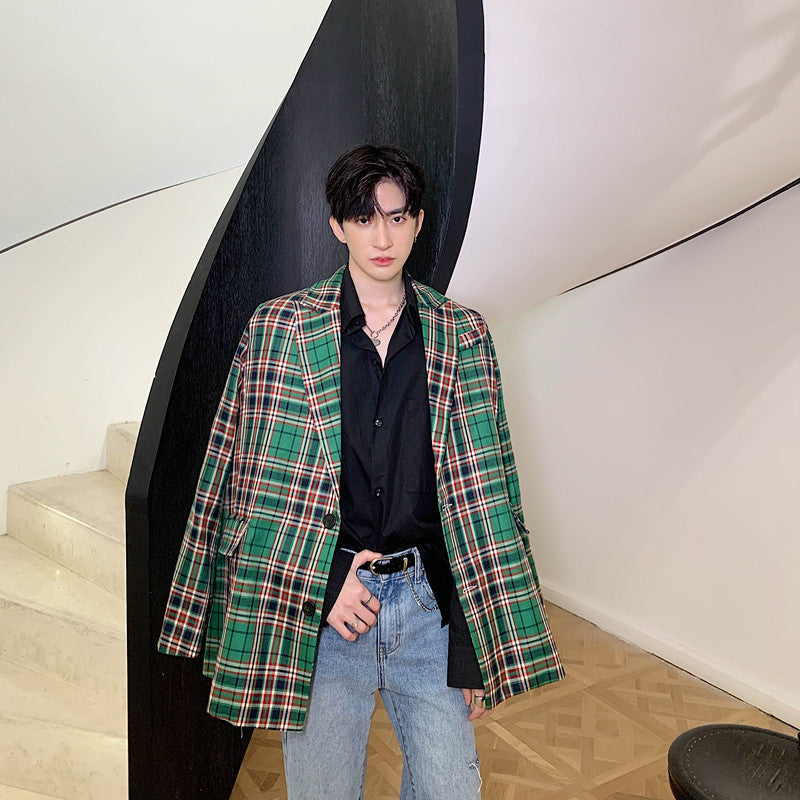 Stylish Vintage Green Plaid Casual Blazer for Men