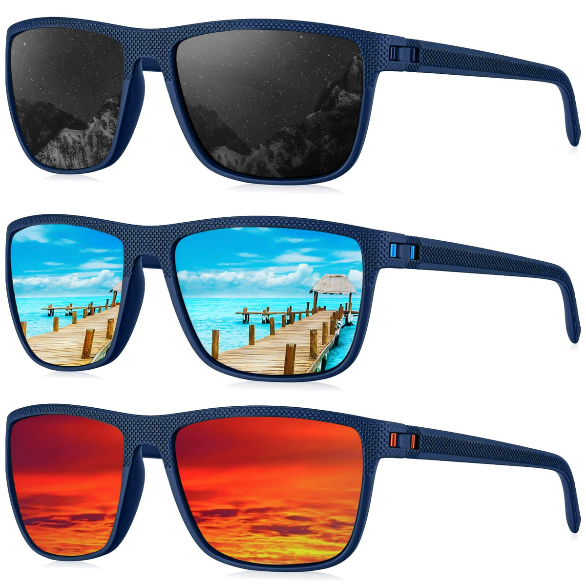 KALIYADI Polarized Sunglasses Men Lightweight Mens Sunglasses Polarized UV Protection Driving Fishing Golf (Frame Blue|Lens Black/Red/Ice Blue)
