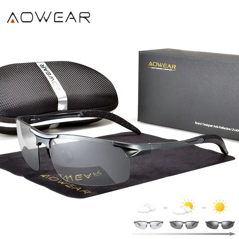 Aluminum Rimless Photochromic Sunglasses Men Polarized Day Night Driving Glasses Chameleon Discolor Lens Eyeglass Gafas
