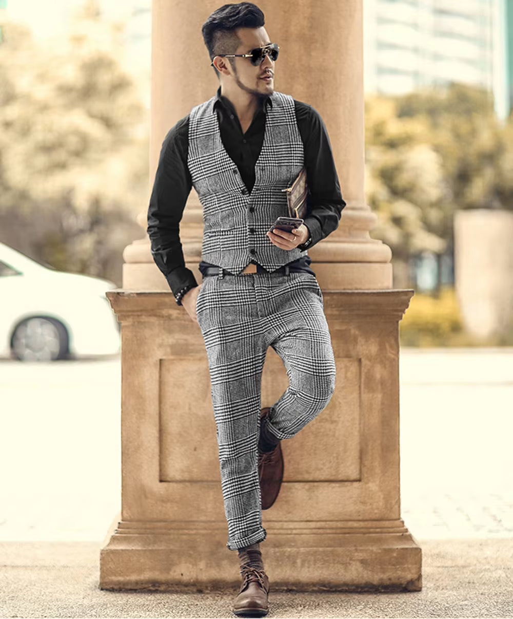 Classic Fit Mens Suit Pants Wool Tweed Coffee Slim Fit Pants Casual Trousers Groomman for Wedding Party