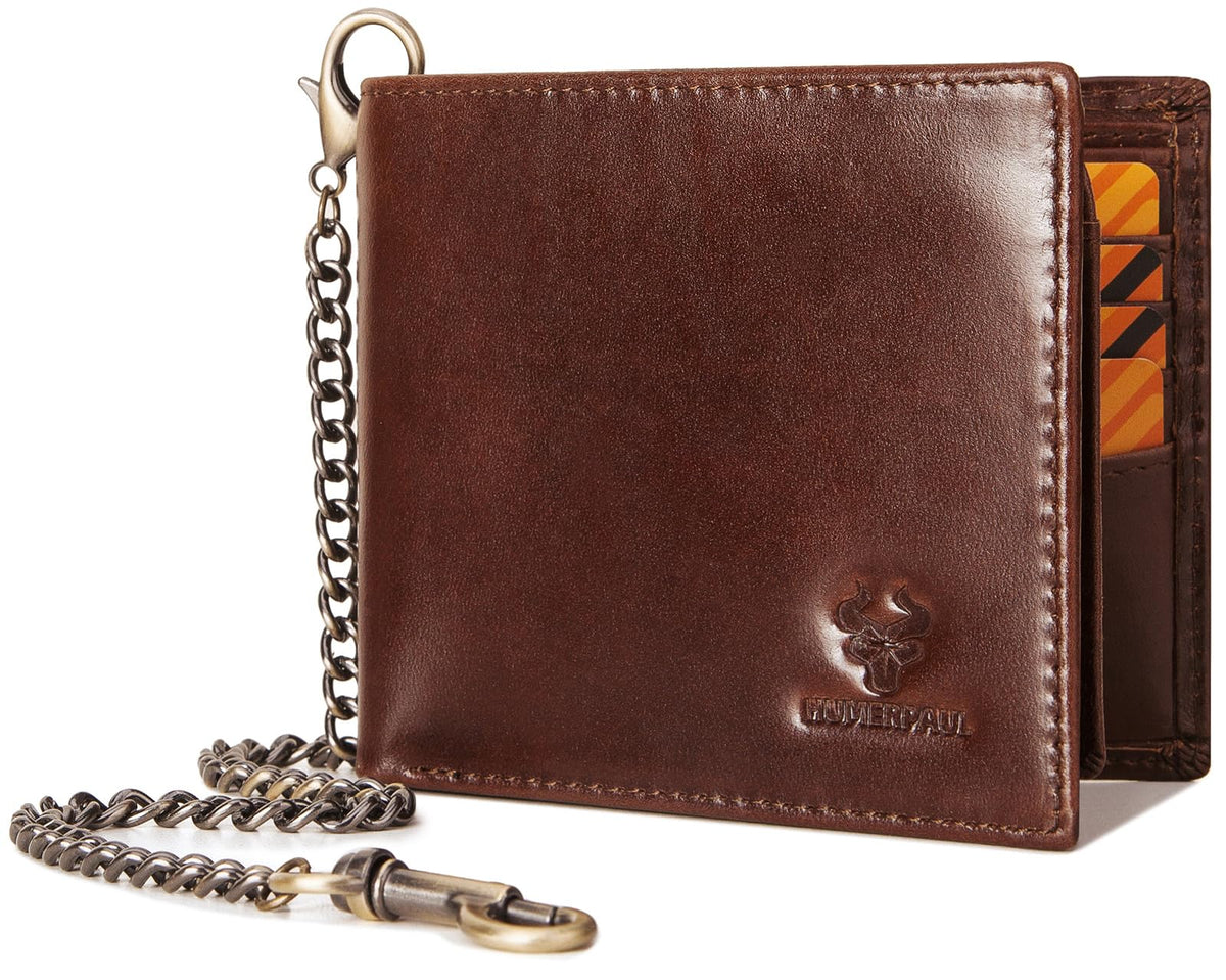 HUMERPAUL Mens Wallet with Chain RFID Blocking Genuine Leather Bifold Wallet Minimalist With 2 ID Window (Coffee)